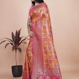 Orange & Pink Banarasi Silk Saree with Silver Zari | Wedding & Festive Saree | Traditional Banarasi Saree with Rich Contrast Pallu