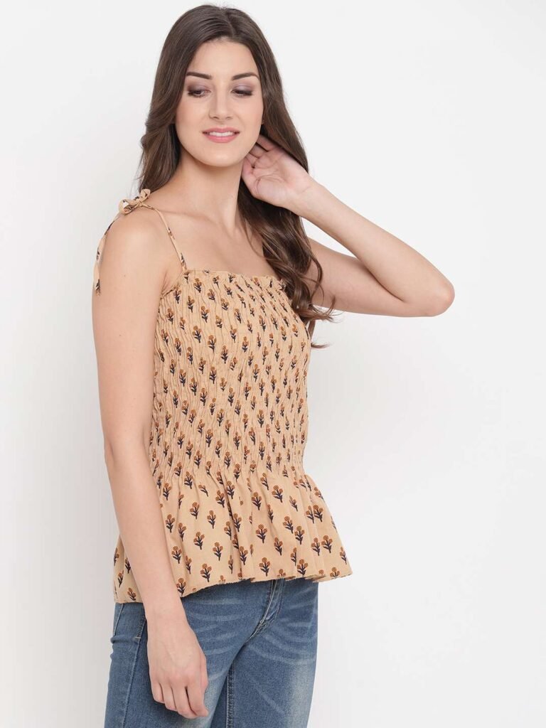 Women's Rayon Elephant Print Casual Summer Style Tie Shoulder Straps Free Size Tank Top ( Brown Beige)