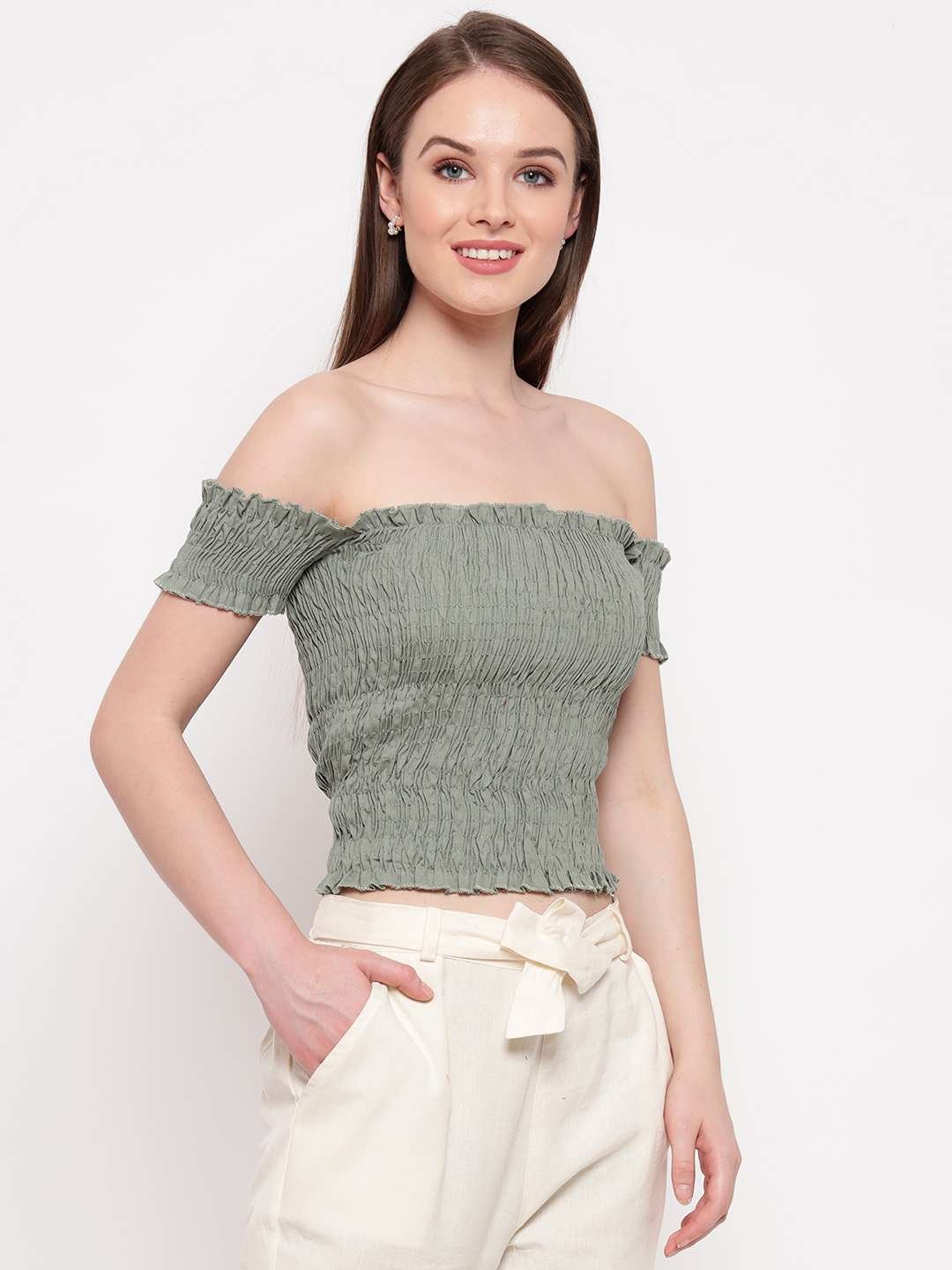 Women's Rayon Solid Off-Shoulder Smocked Crop Top Short Sleeve Casual Styles Tank Top (FREE SIZE) Multi27 - Image 2