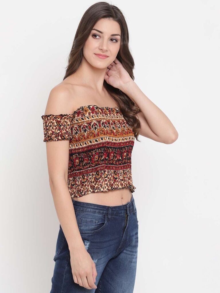 Women's Rayon Printed Off-Shoulder Smocked Crop Top Short Sleeve Casual Styles Tank Top (FREE SIZE) Multi7