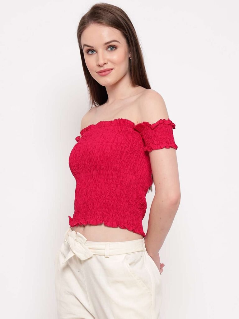 Women's Rayon Solid Off-Shoulder Smocked Crop Top Short Sleeve Casual Styles Tank Top (FREE SIZE) Multi26