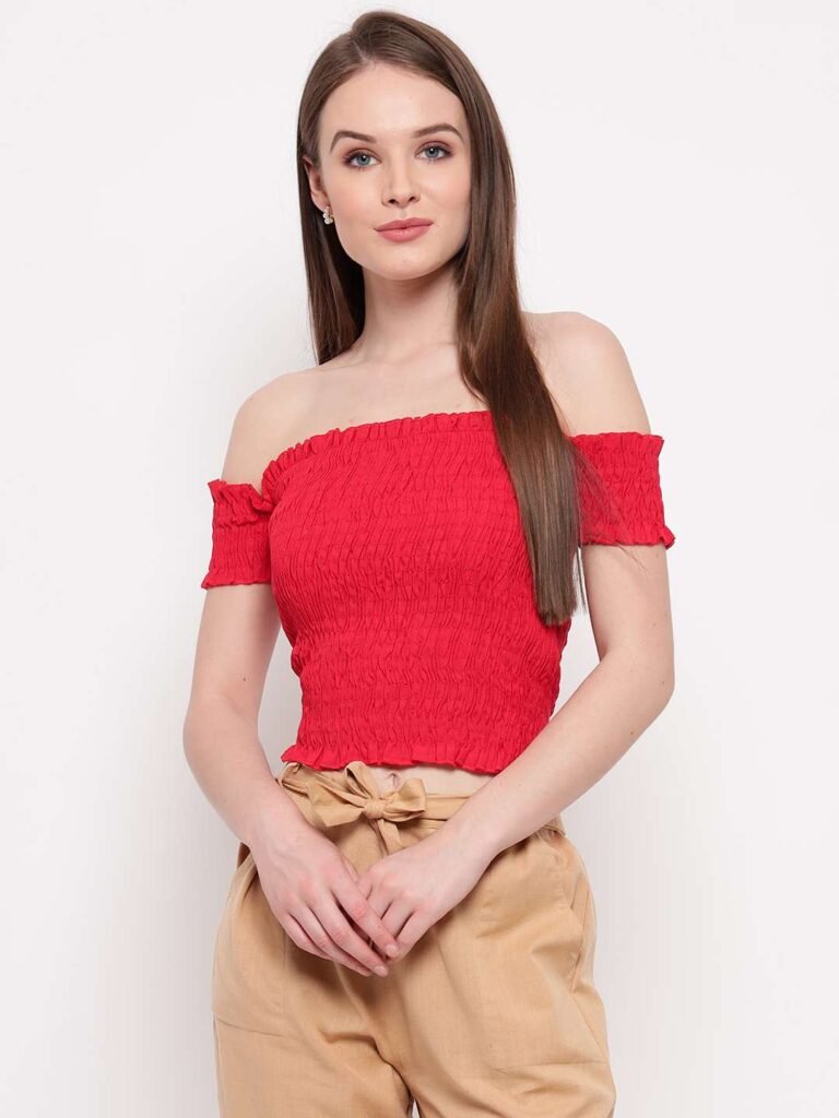 Women's Rayon Solid Off-Shoulder Smocked Crop Top Short Sleeve Casual Styles Tank Top (FREE SIZE) Multi28